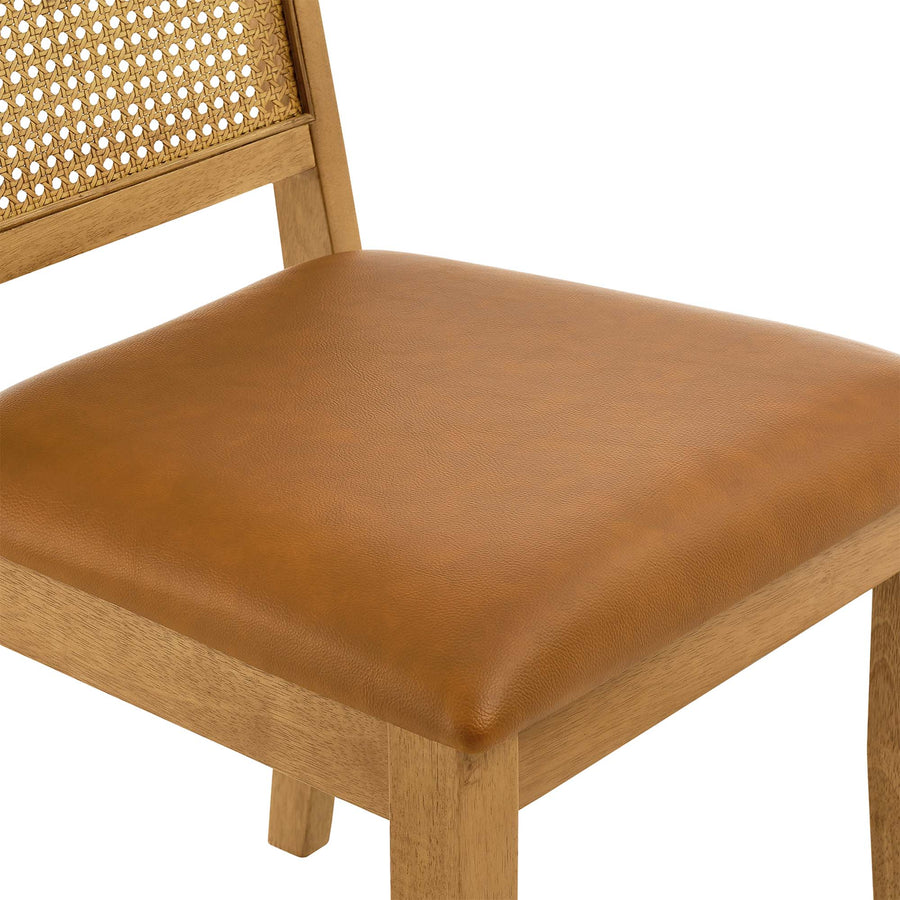 Poniente Vegan Leather Upholstered Faux Rattan and Wood Dining Side Chairs Set of 2 in Natural Natural Tan