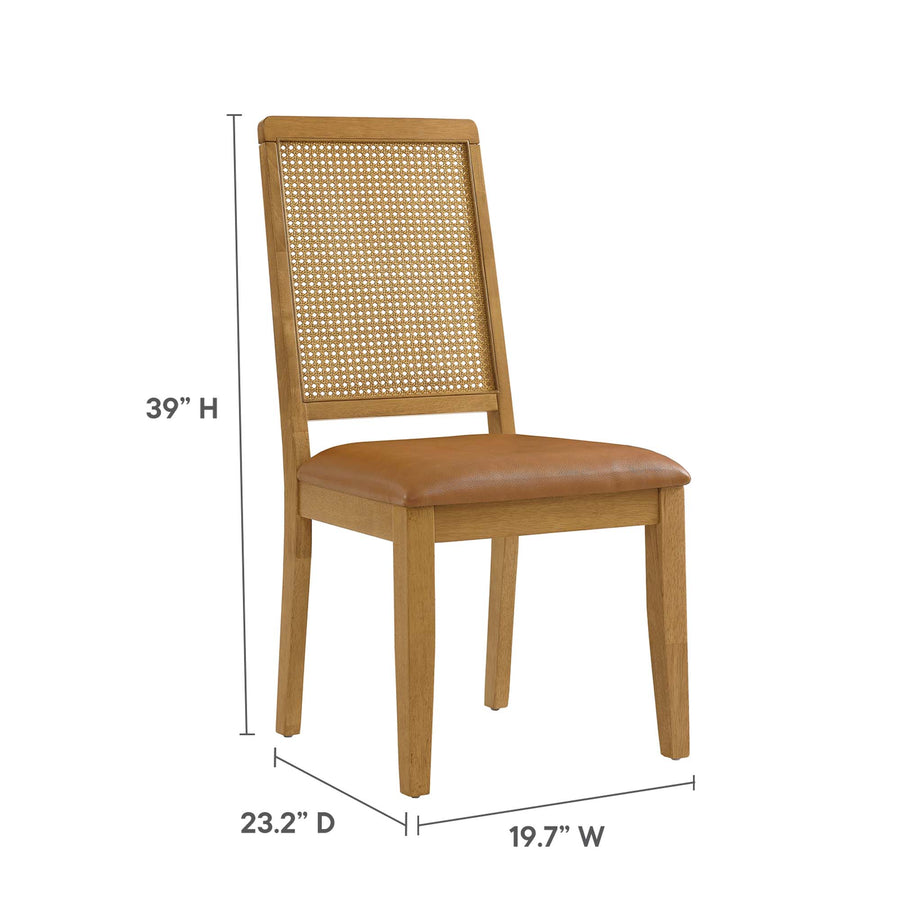 Poniente Vegan Leather Upholstered Faux Rattan and Wood Dining Side Chairs Set of 2 in Natural Natural Tan