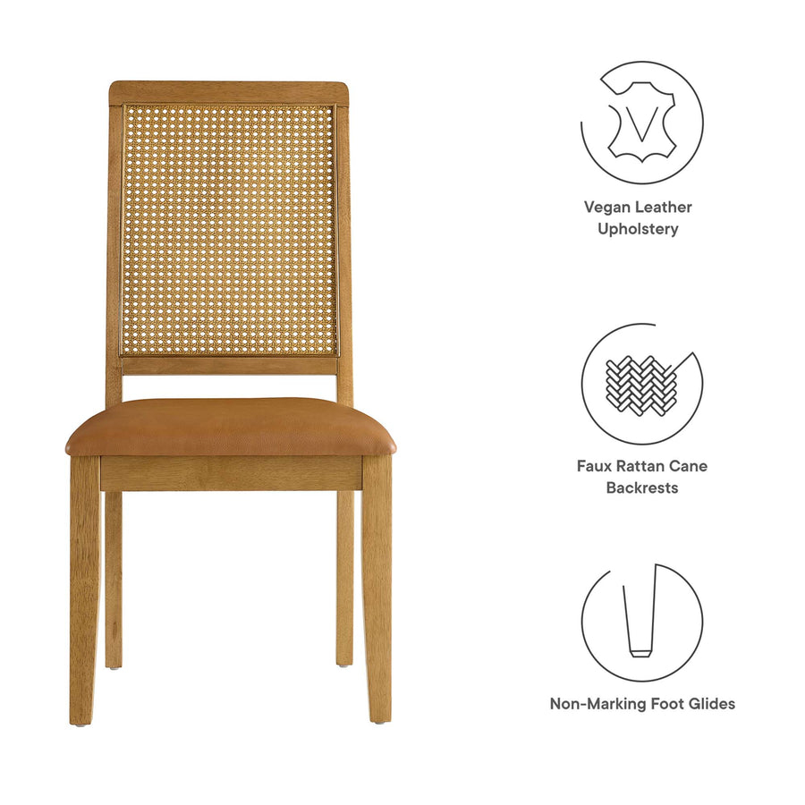 Poniente Vegan Leather Upholstered Faux Rattan and Wood Dining Side Chairs Set of 2 in Natural Natural Tan