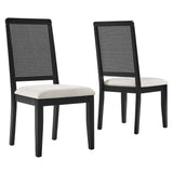 Poniente Faux Rattan and Wood Dining Side Chairs Set of 2 in Black Black Heathered Weave Ivory