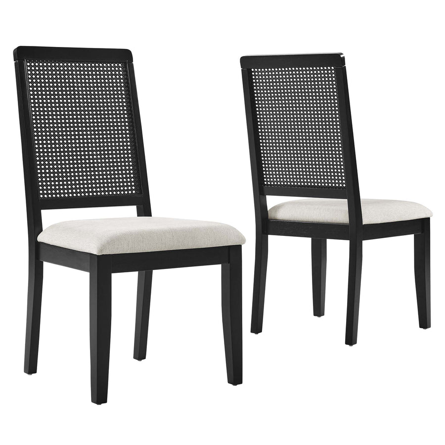 Poniente Faux Rattan and Wood Dining Side Chairs Set of 2 in Black Black Heathered Weave Ivory
