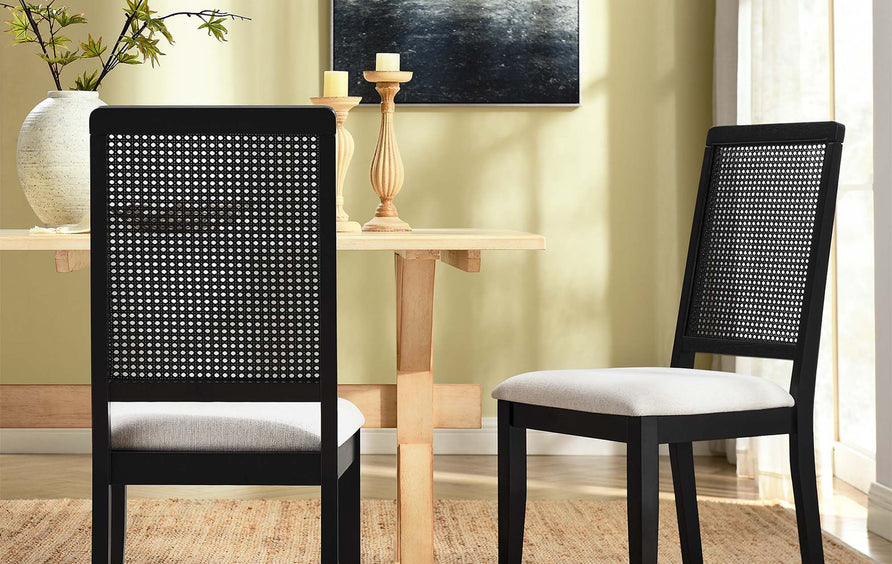Poniente Faux Rattan and Wood Dining Side Chairs Set of 2 in Black Black Heathered Weave Ivory