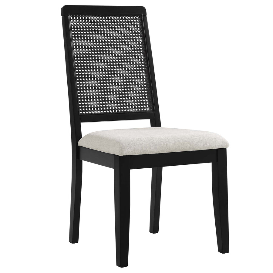 Poniente Faux Rattan and Wood Dining Side Chairs Set of 2 in Black Black Heathered Weave Ivory