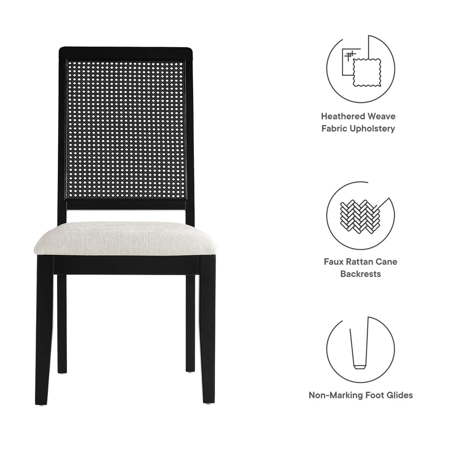 Poniente Faux Rattan and Wood Dining Side Chairs Set of 2 in Black Black Heathered Weave Ivory