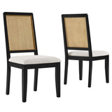 Poniente Faux Rattan and Wood Dining Side Chairs Set of 2 in Black Natural Heathered Weave Ivory