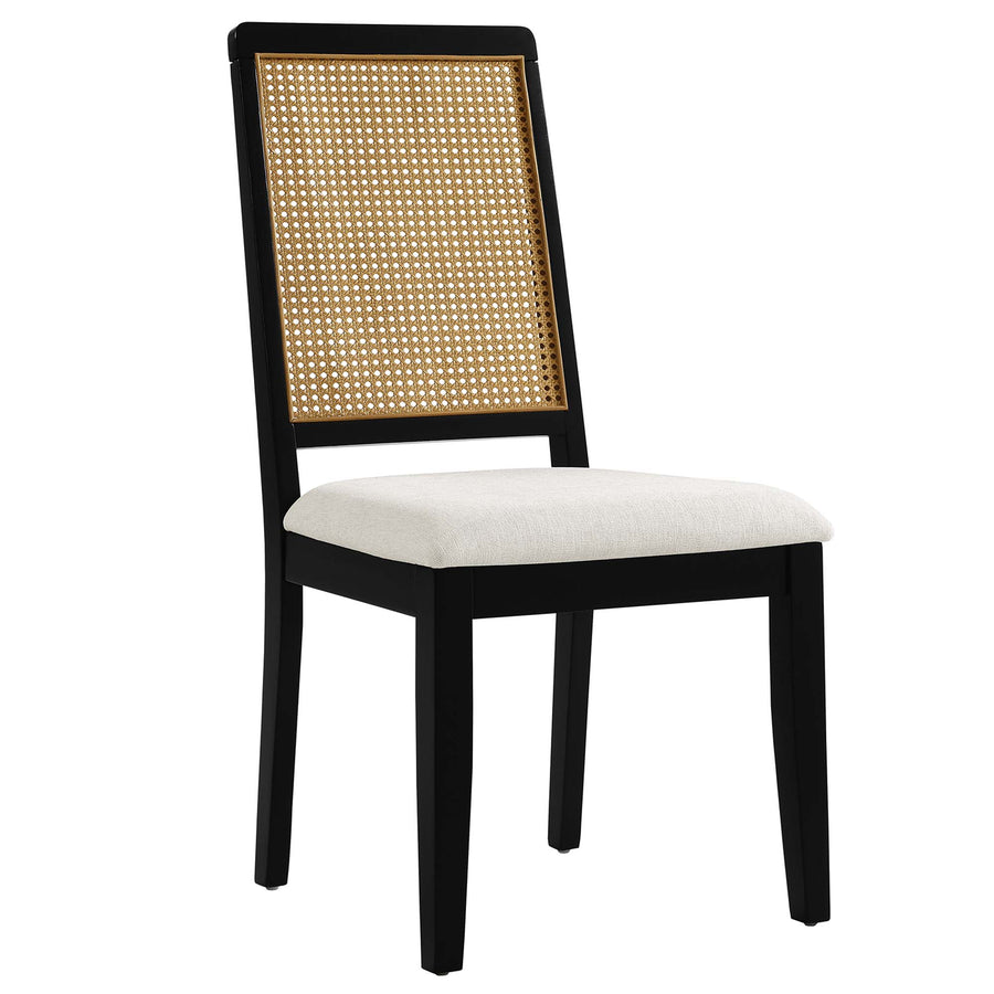 Poniente Faux Rattan and Wood Dining Side Chairs Set of 2 in Black Natural Heathered Weave Ivory
