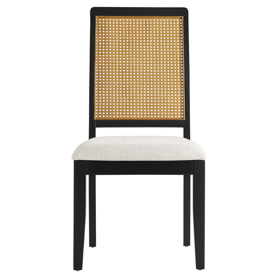 Poniente Faux Rattan and Wood Dining Side Chairs Set of 2 in Black Natural Heathered Weave Ivory