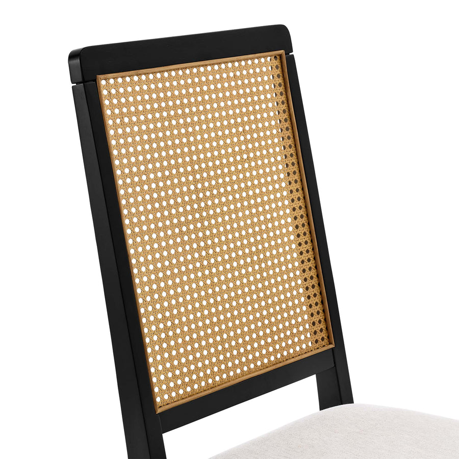 Poniente Faux Rattan and Wood Dining Side Chairs Set of 2 in Black Natural Heathered Weave Ivory