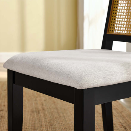 Arlo Faux Rattan and Wood Dining Side Chairs Set of 2 in Black Natural Heathered Weave Ivory