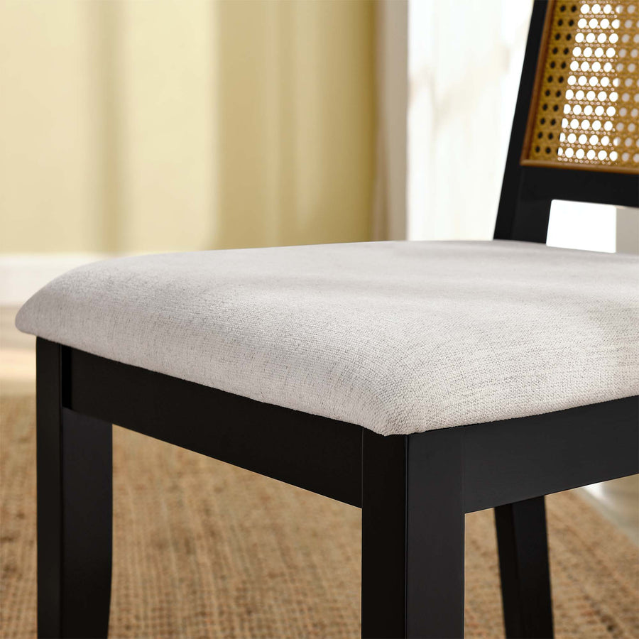 Poniente Faux Rattan and Wood Dining Side Chairs Set of 2 in Black Natural Heathered Weave Ivory