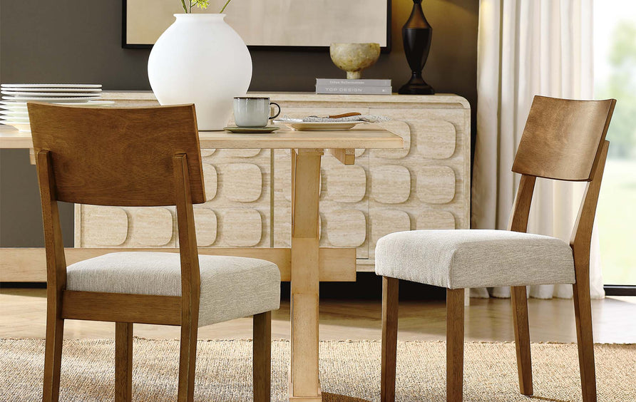 Voss Wood Dining Side Chairs Set of 2 in Acorn Heathered Weave Light Beige