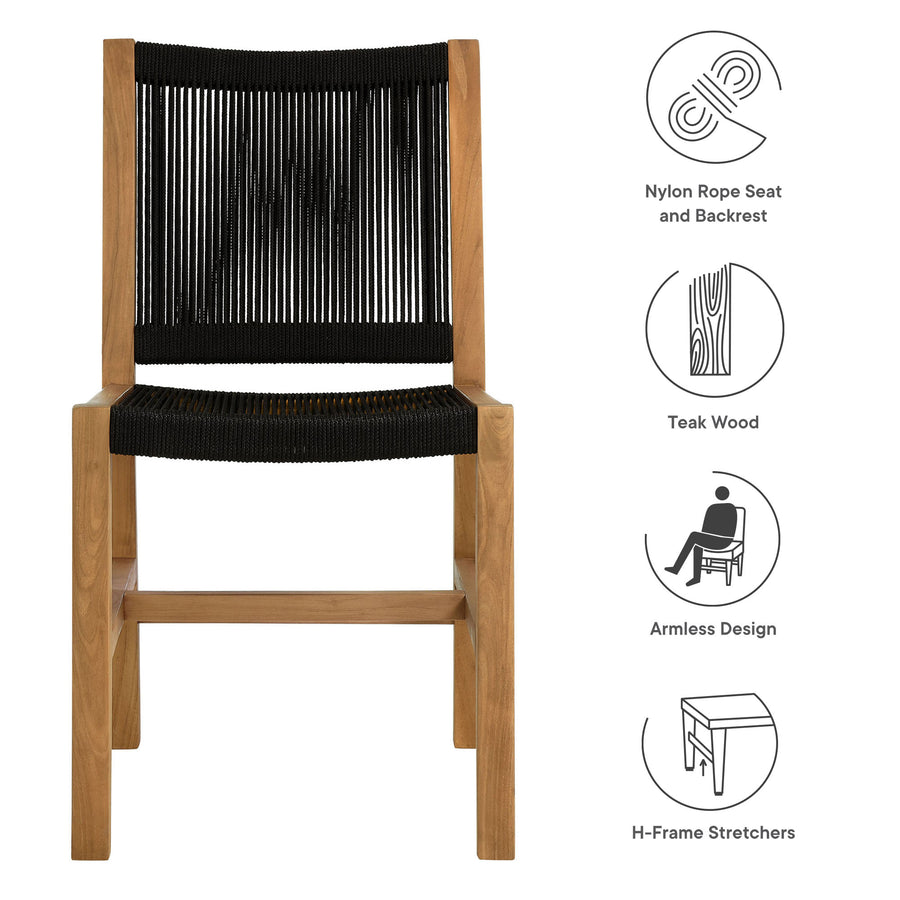 Nova Outdoor Patio Teak and Rope Armless Dining Chairs Set of 2 in Natural Black