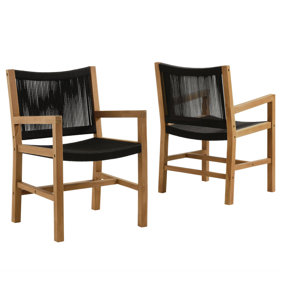 Nova Outdoor Patio Teak and Rope Dining Armchairs Set of 2 in Natural Black