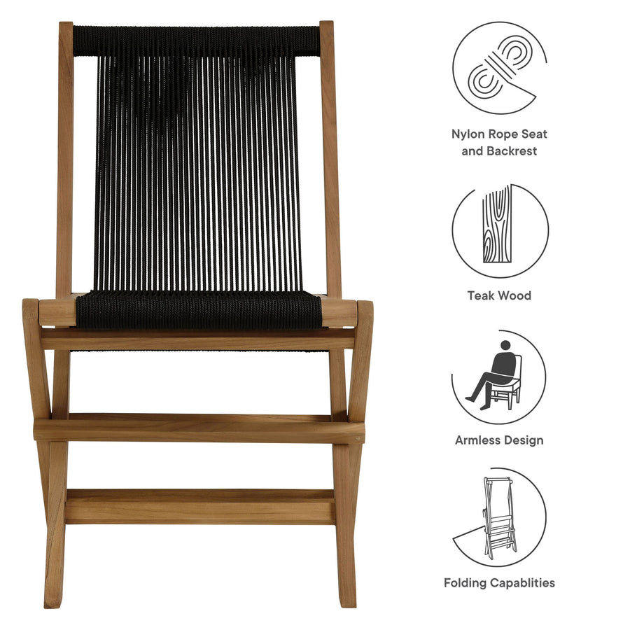 Nova Outdoor Patio Teak and Rope Folding Chairs Set of 4 in Natural Black