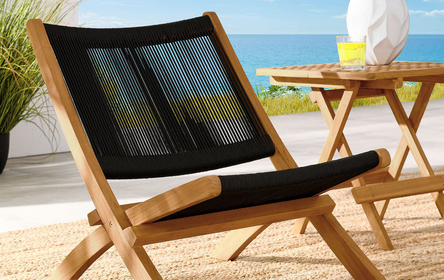 Nova Outdoor Patio Teak and Rope Folding Accent Lounge Chair in Natural Black