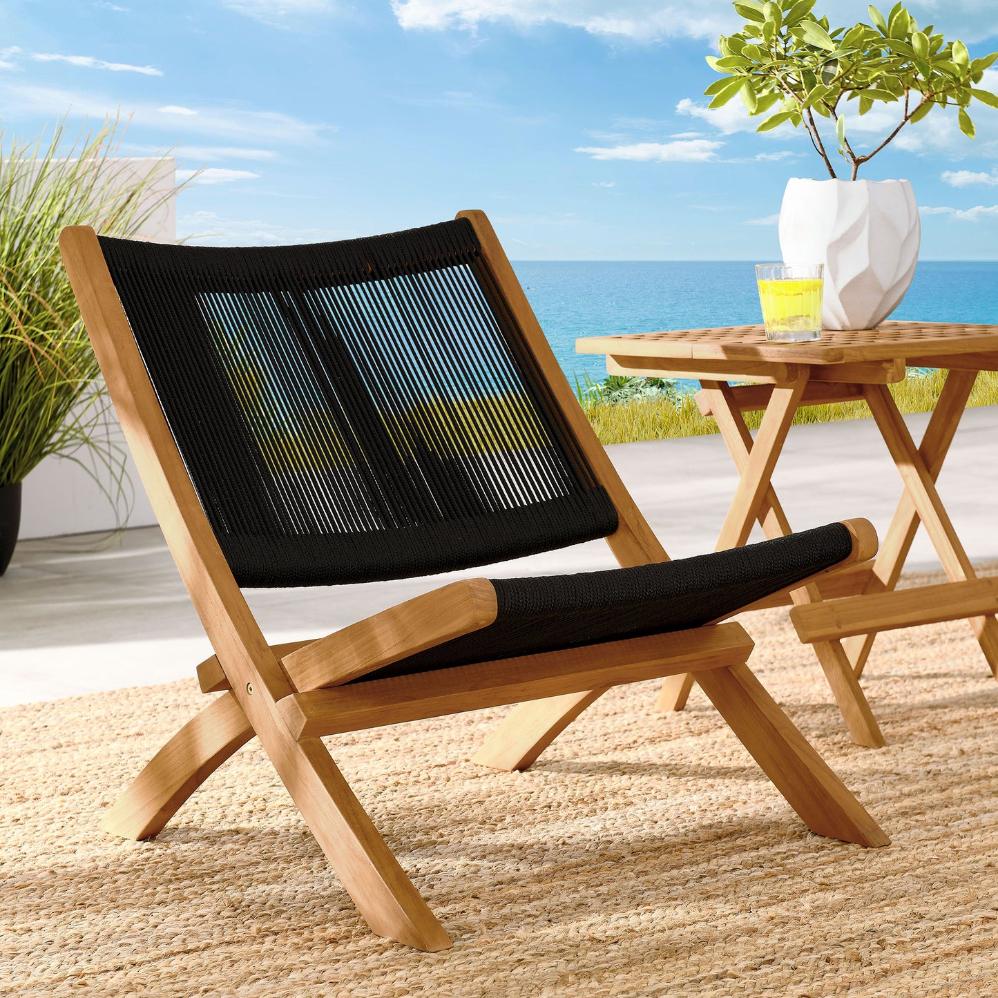 Vienna Outdoor Patio Teak and Rope Folding Accent Lounge Chair by Furniture for America