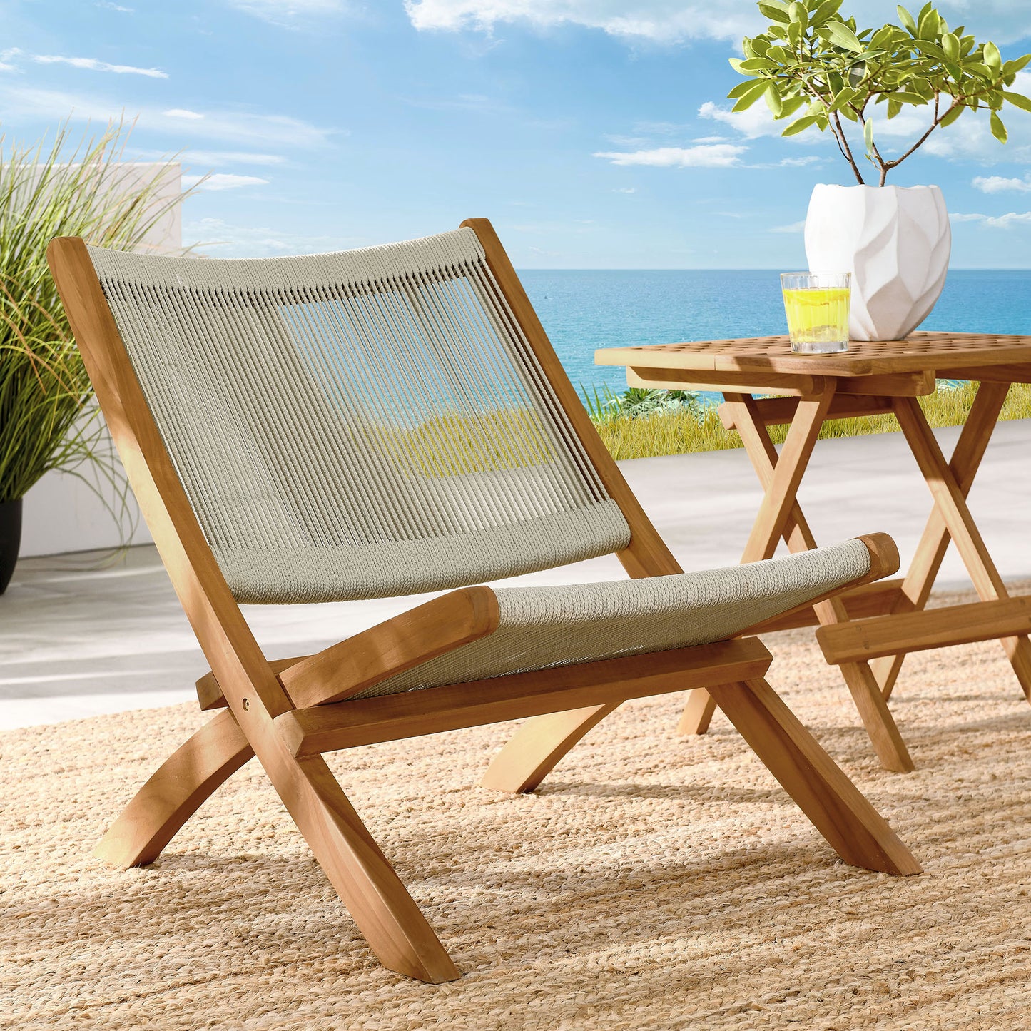 Vienna Outdoor Patio Teak and Rope Folding Accent Lounge Chair by Furniture for America