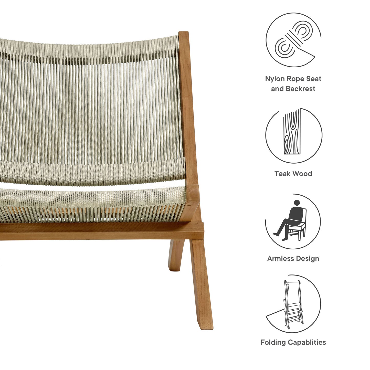 Vienna Outdoor Patio Teak and Rope Folding Accent Lounge Chair by Furniture for America