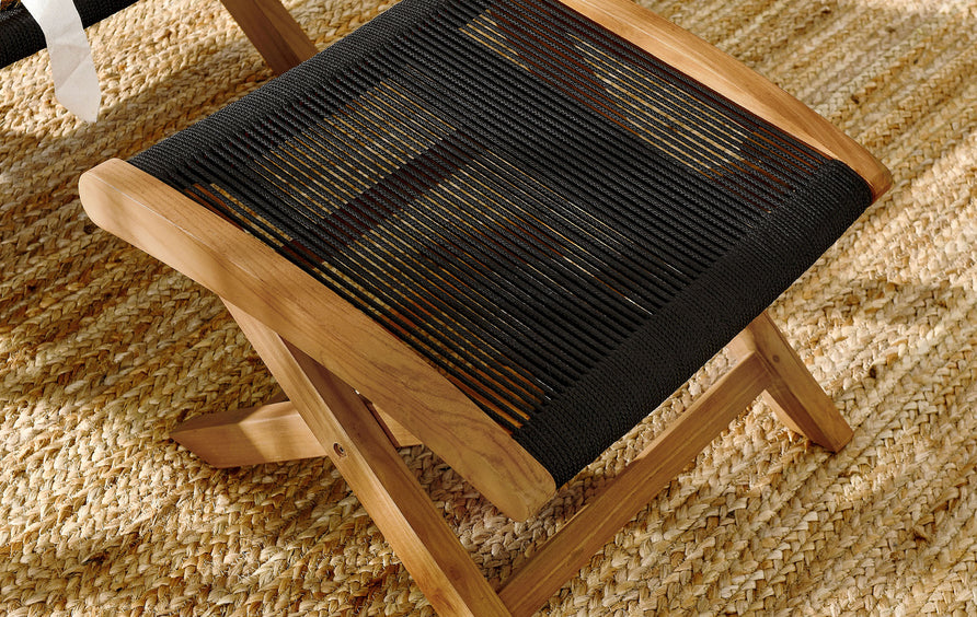 Nova Outdoor Patio Teak and Rope Folding Ottoman in Natural Black