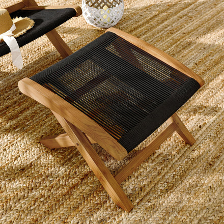 Vienna Outdoor Patio Teak and Rope Folding Ottoman in Natural Black