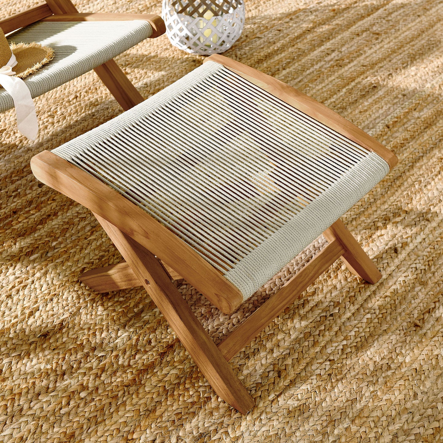 Vienna Outdoor Patio Teak and Rope Folding Ottoman by Furniture For America