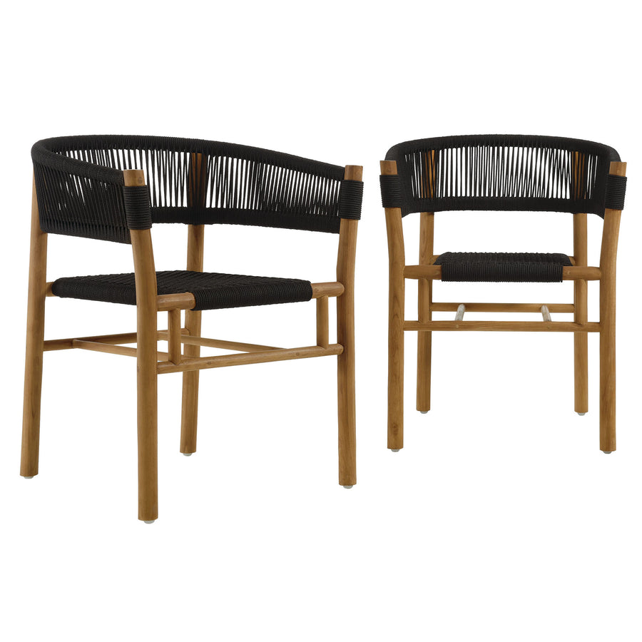 Nova Outdoor Patio Teak and Rope Curved-Back Dining Armchairs Set of 2 in Natural Black