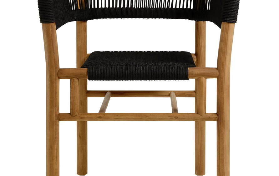 Nova 7-Piece Outdoor Patio Teak and Rope Dining Set with Curved-Back Armchairs in Natural Black