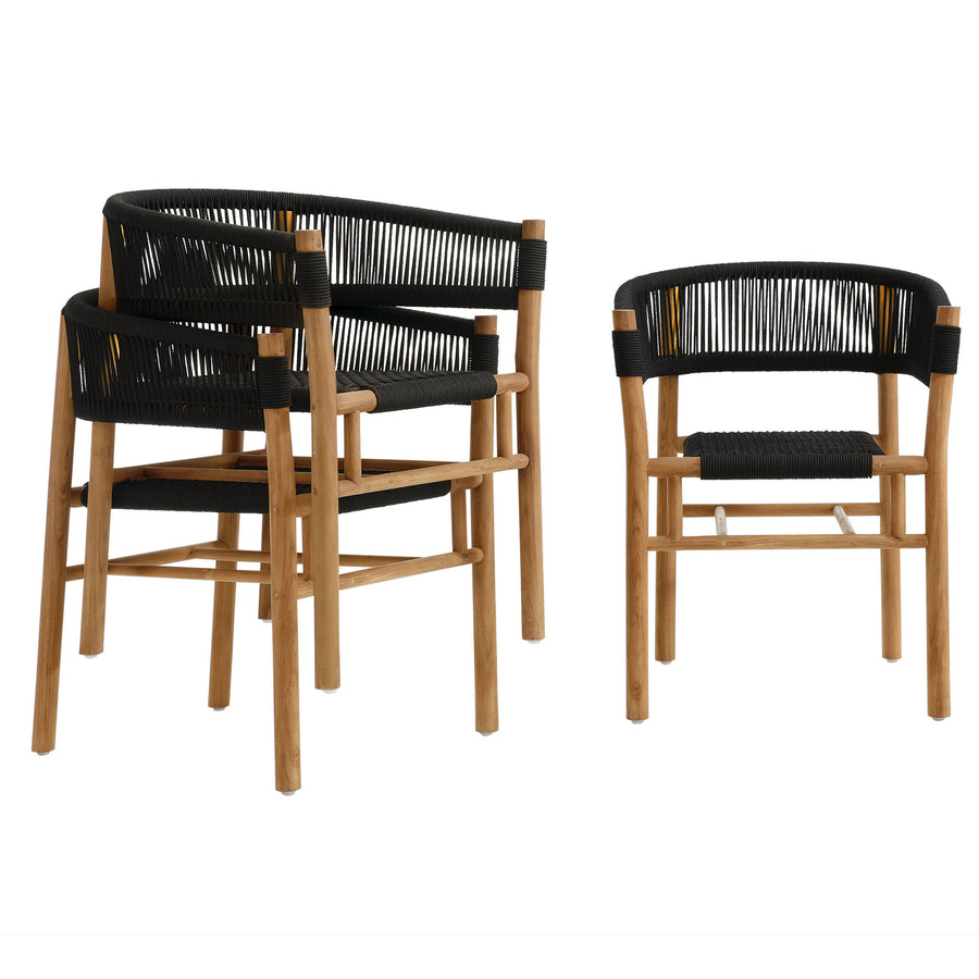 Nova Outdoor Patio Teak and Rope Curved-Back Dining Armchairs Set of 2 in Natural Black