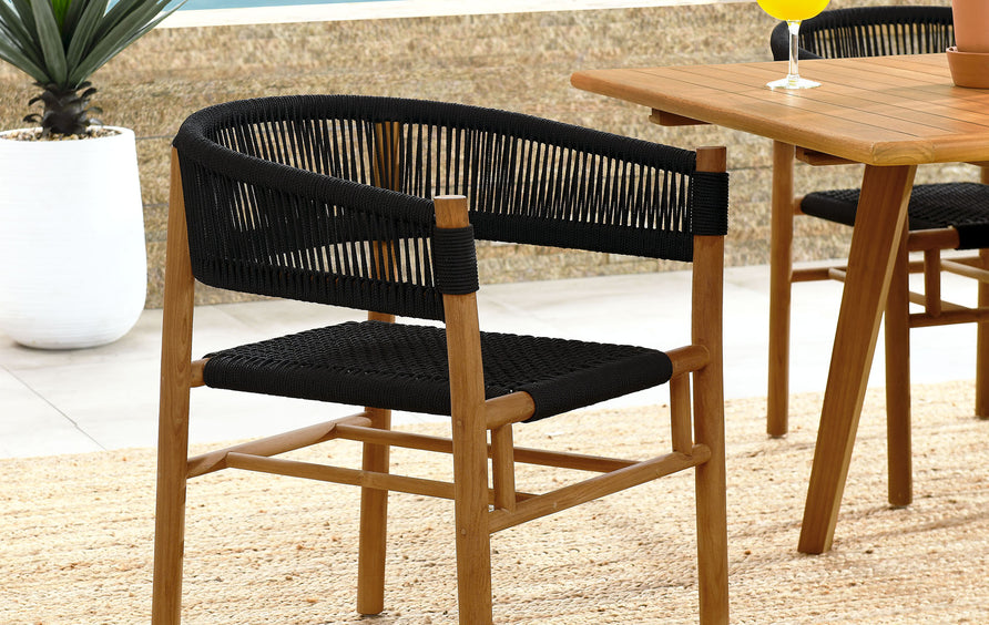 Nova Outdoor Patio Teak and Rope Curved-Back Dining Armchairs Set of 2 in Natural Black