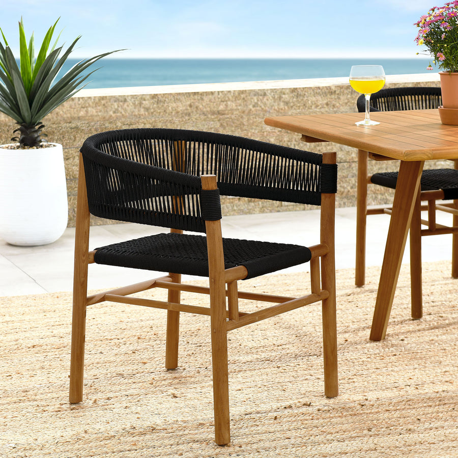 Nova Outdoor Patio Teak and Rope Curved-Back Dining Armchairs Set of 2 in Natural Black