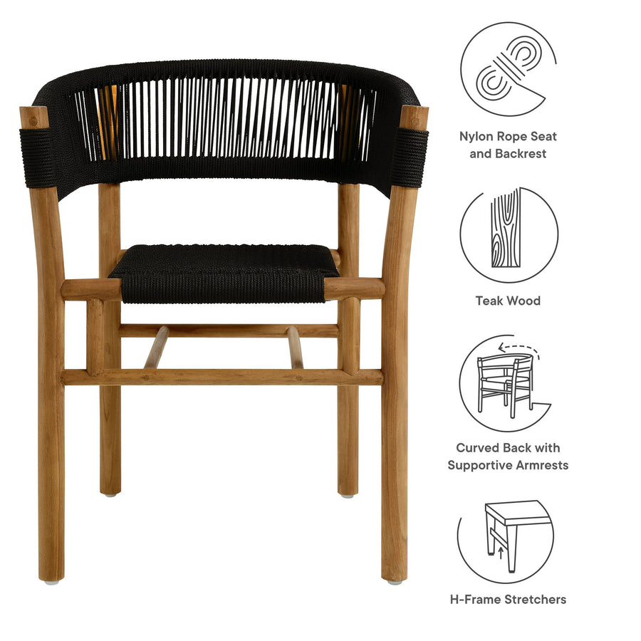 Nova Outdoor Patio Teak and Rope Curved-Back Dining Armchairs Set of 2 in Natural Black