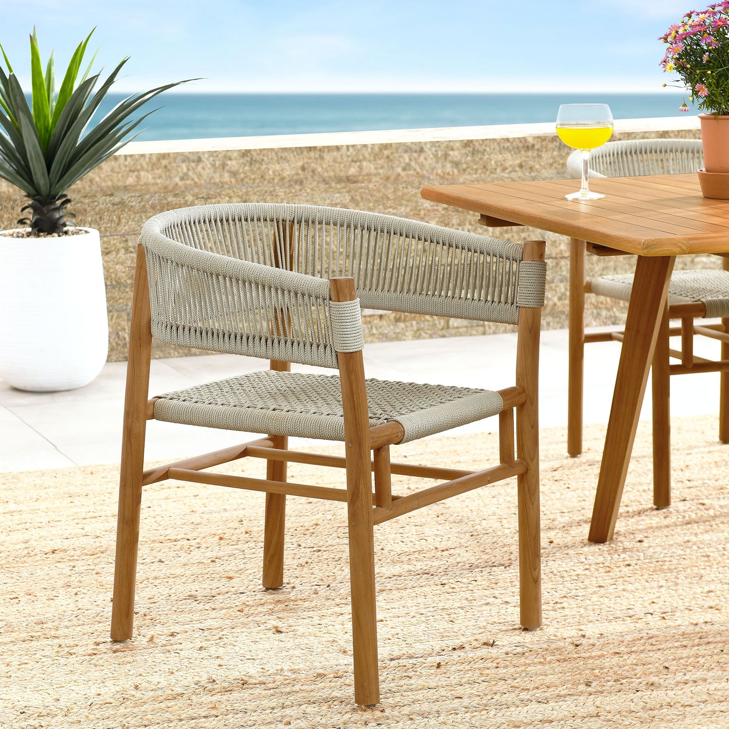 Vienna Outdoor Patio Teak and Rope Curved-Back Dining Armchairs Set of 2 by Furniture For America