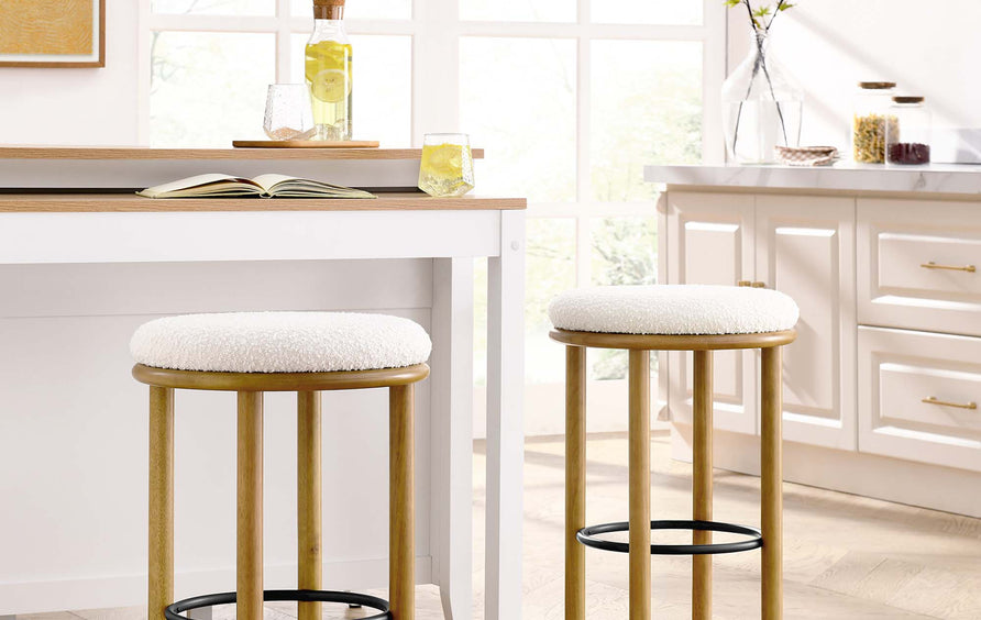 Cassius Boucle Fabric Counter Stools Set of 2 in Oak Ivory