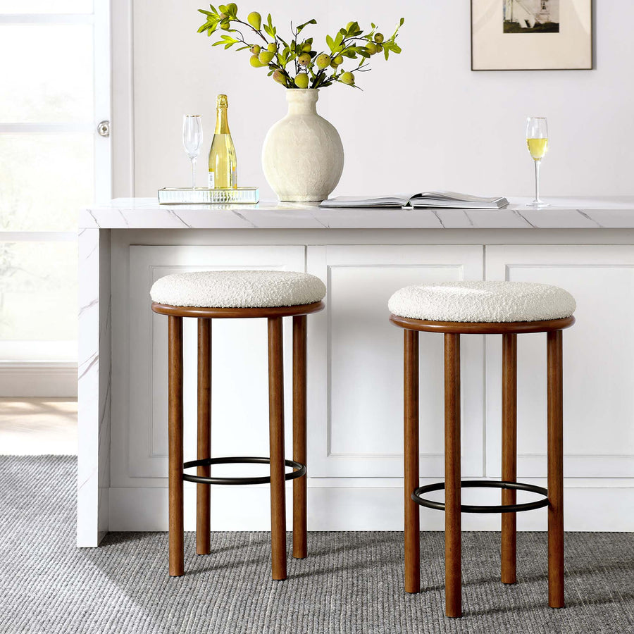 Cassius Boucle Fabric Bar Stools Set of 2 in Walnut Ivory