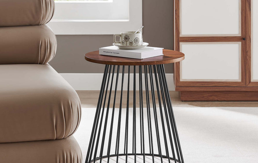 Malmo Round Wood and Metal Side Table in Walnut