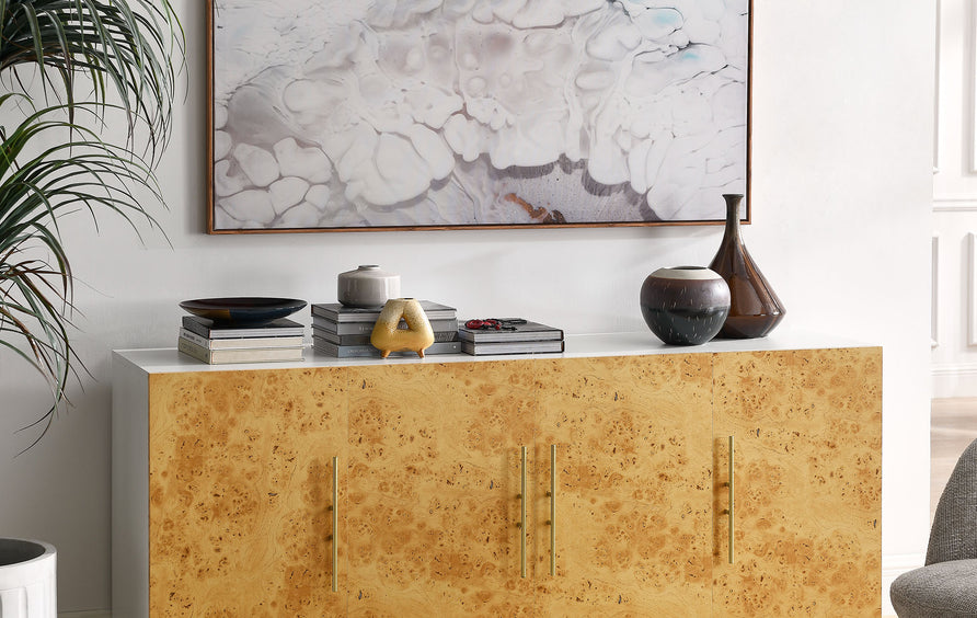Russet 69 Inch Burl Wood Sideboard Buffet TV Stand in White Bleached Burl