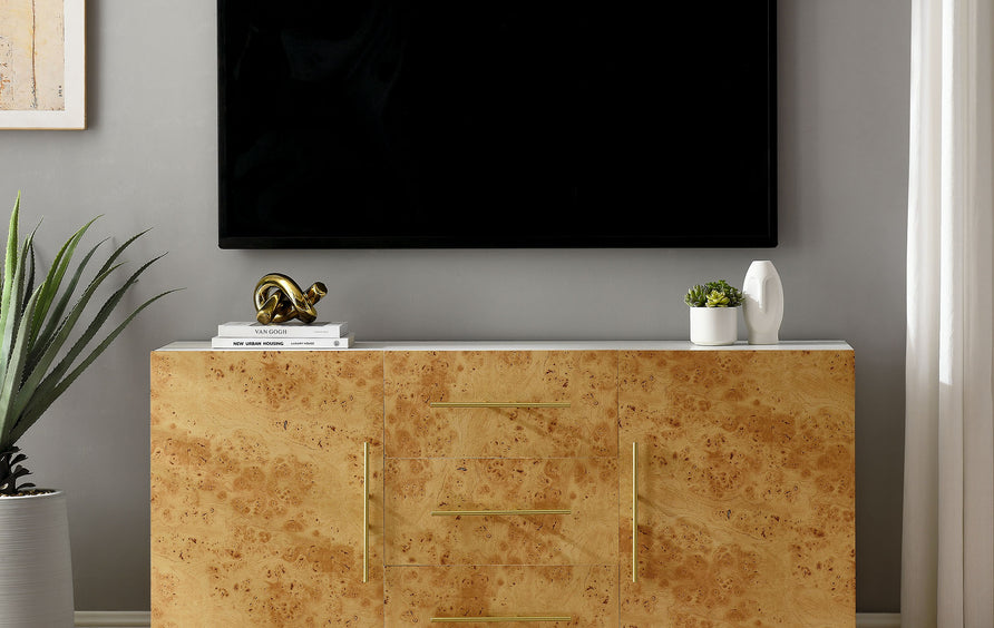 Russet 59 Inch Burl Wood Sideboard Buffet TV Stand in White Bleached Burl
