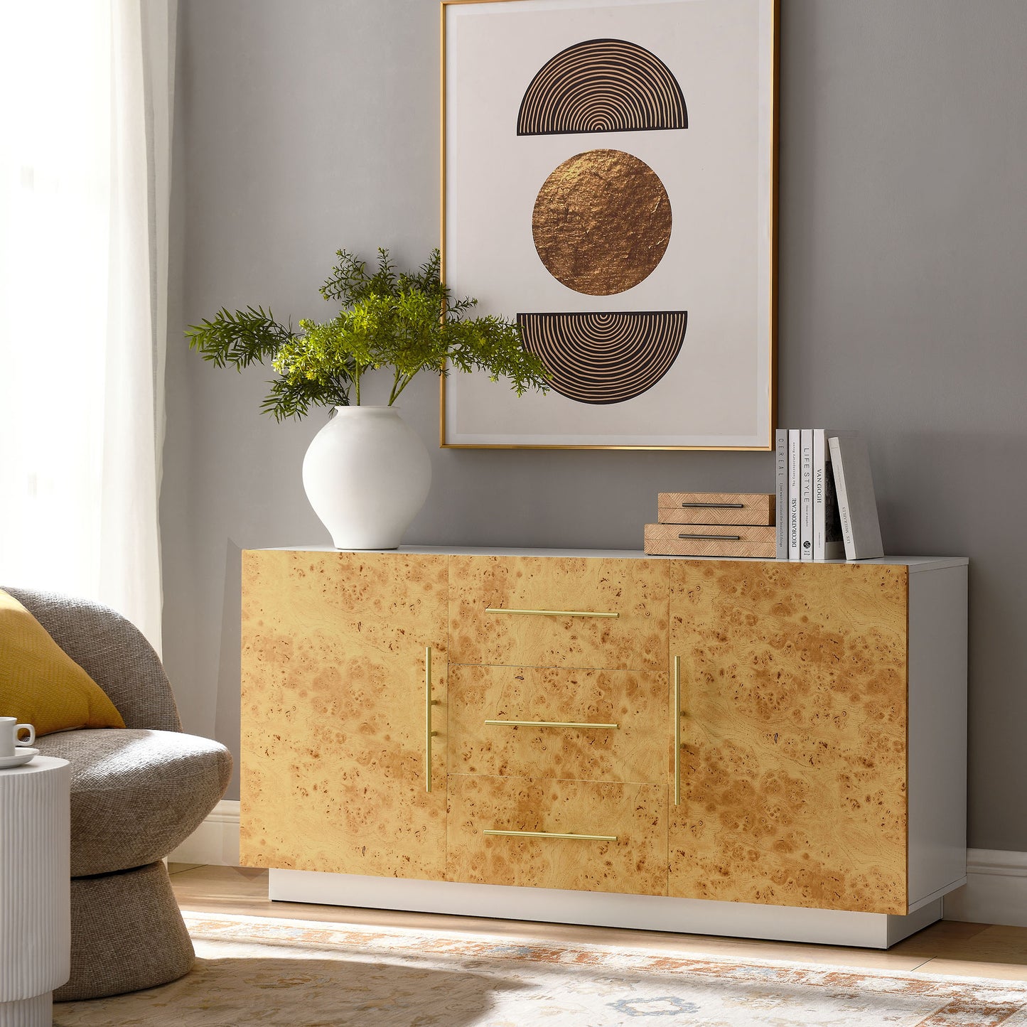 Russet 59 Inch Burl Wood Sideboard Buffet TV Stand in White Bleached Burl