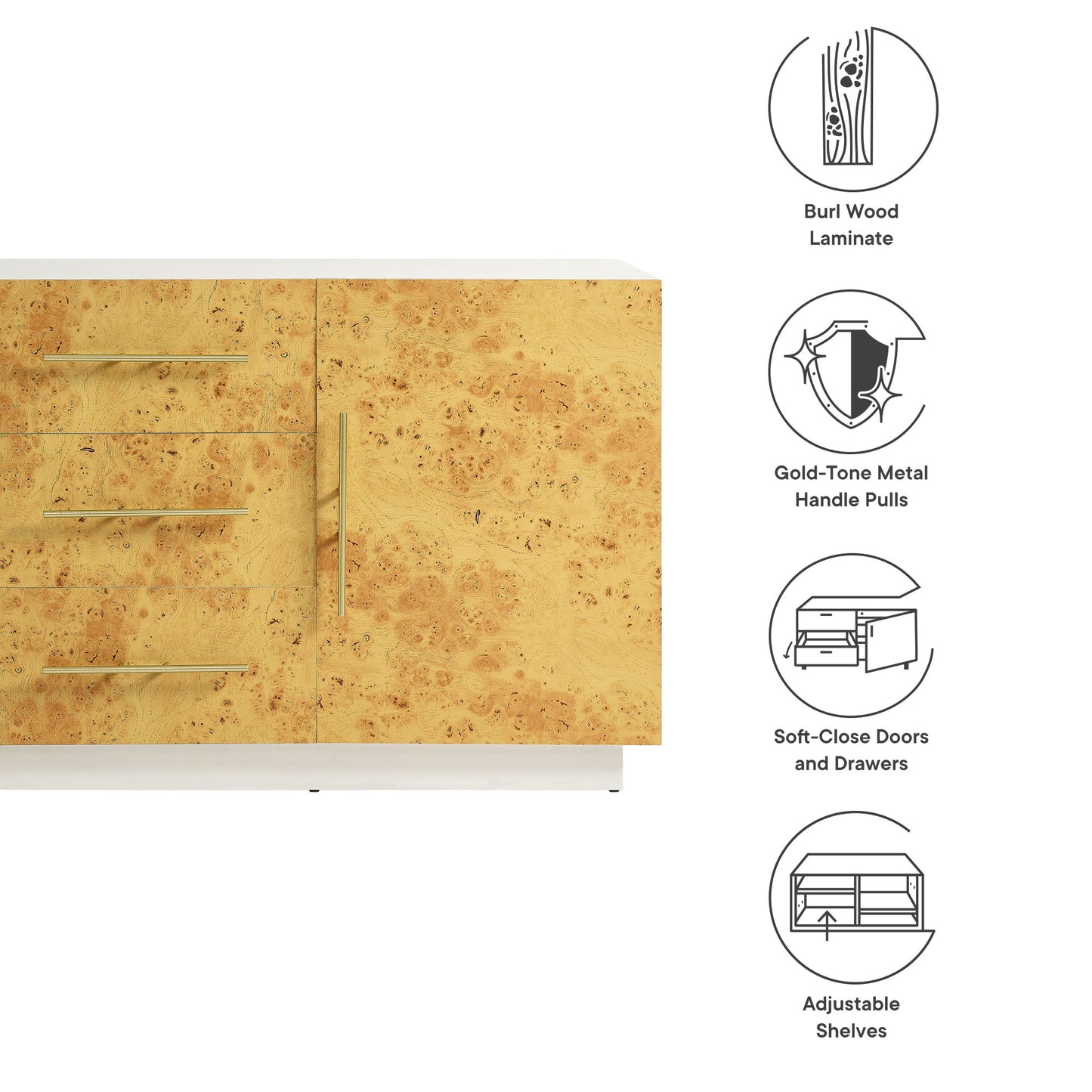 Russet 59 Inch Burl Wood Sideboard Buffet TV Stand in White Bleached Burl