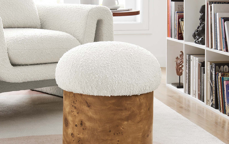 Wilhelmina Boucle Upholstered Ottoman in Ivory Burl