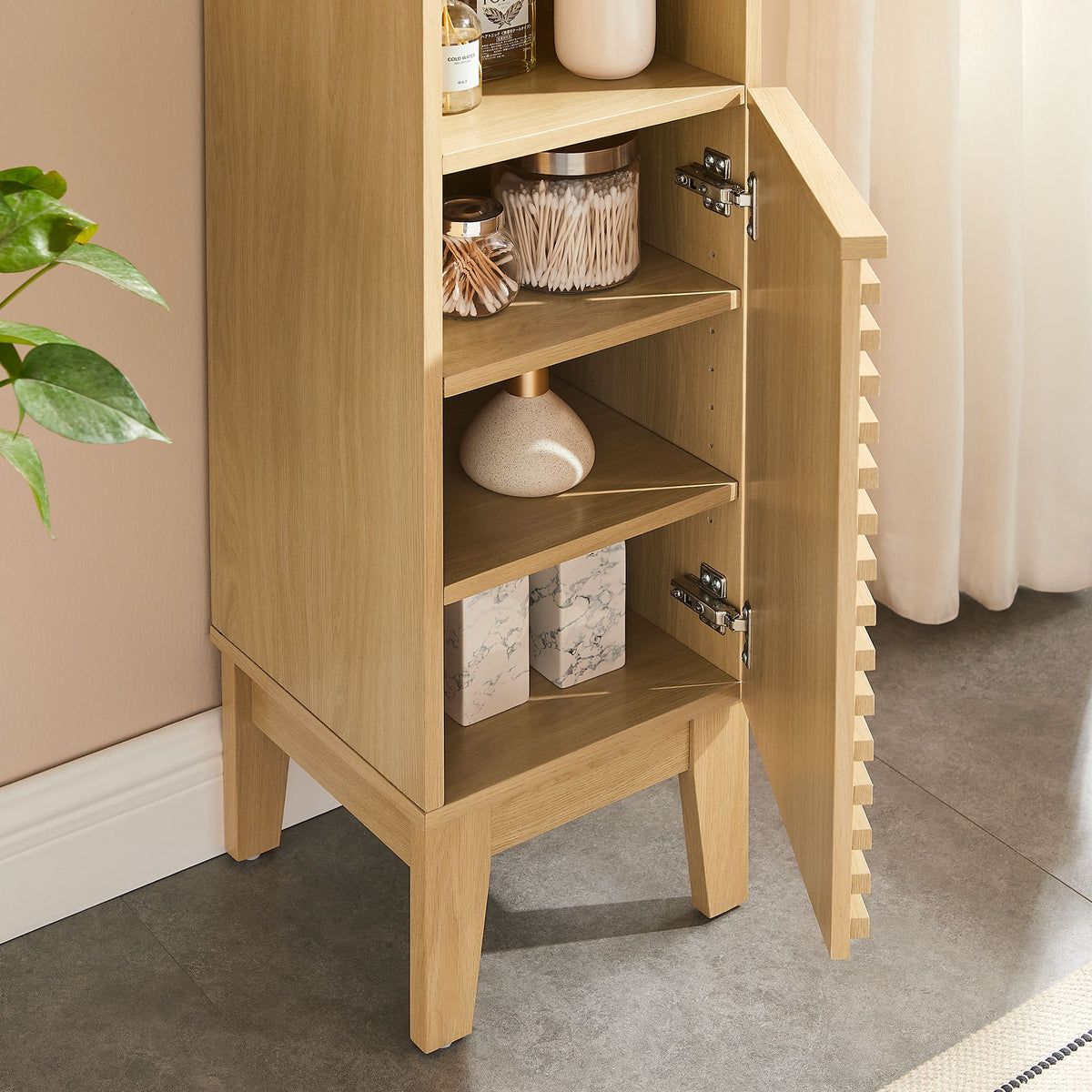 Render Tall Narrow Bathroom Storage Cabinet in Oak