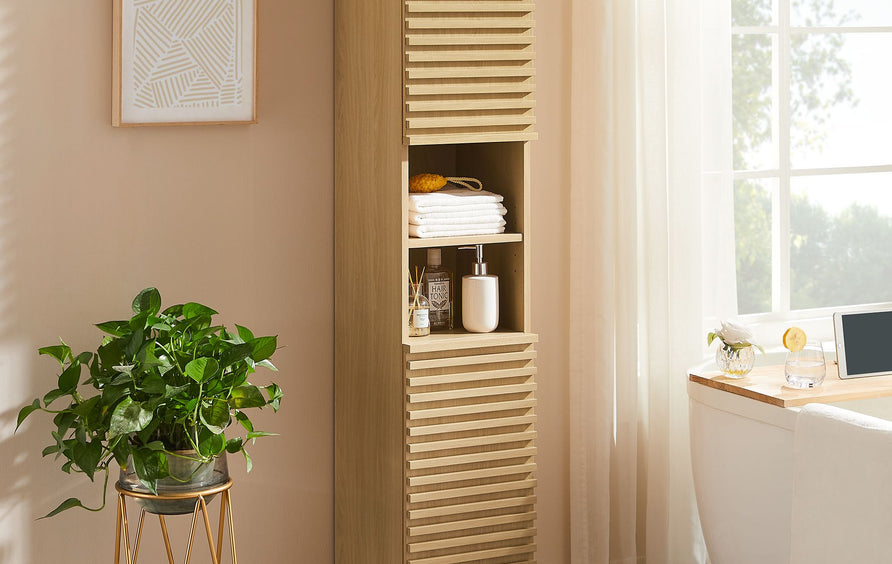 Vera Tall Narrow Bathroom Storage Cabinet in Oak