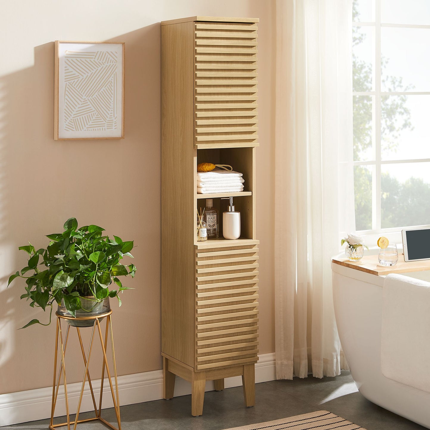 Vera Tall Narrow Bathroom Storage Cabinet in Oak