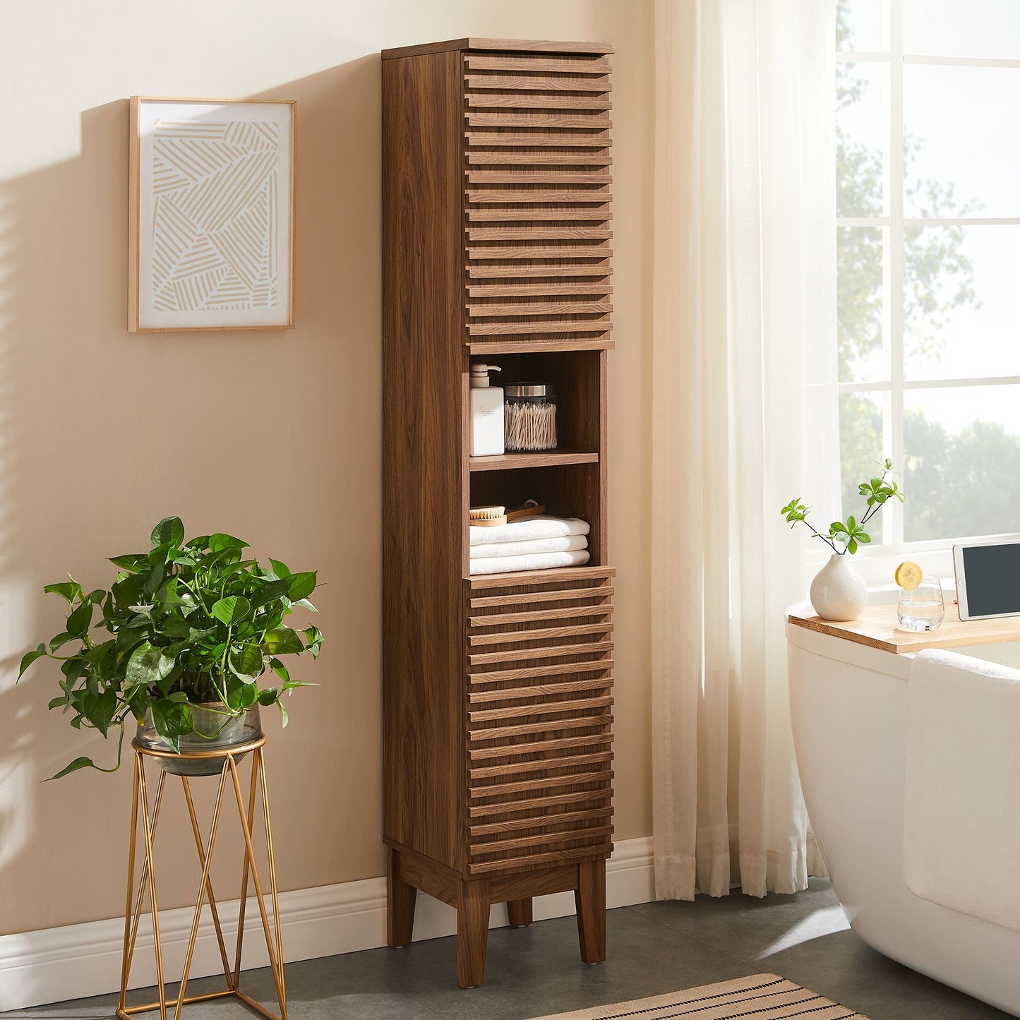 Vera Tall Narrow Bathroom Storage Cabinet in Walnut