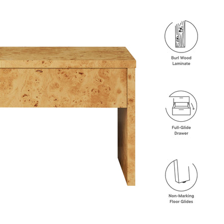 Hudson 1-Drawer Burl Wood Nightstand in Natural