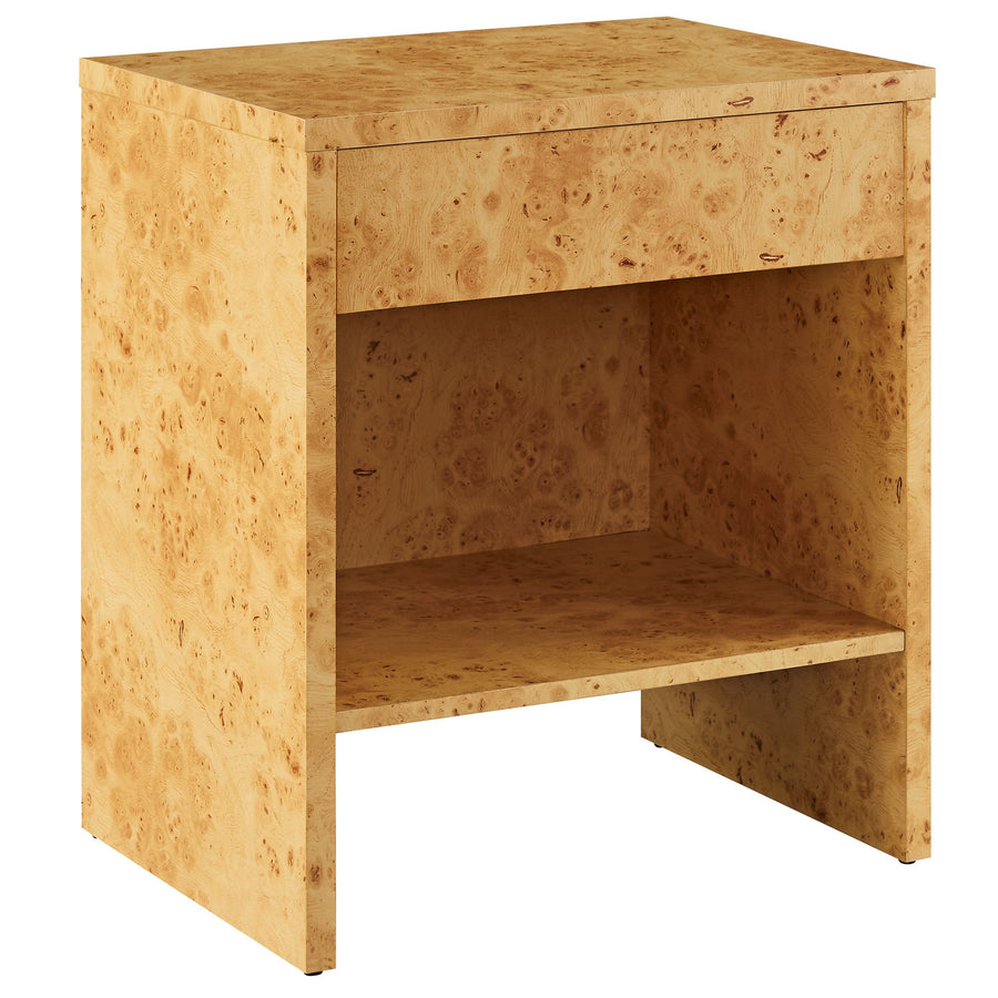 Haven 1-Drawer Burl Wood Nightstand With Shelf in Natural
