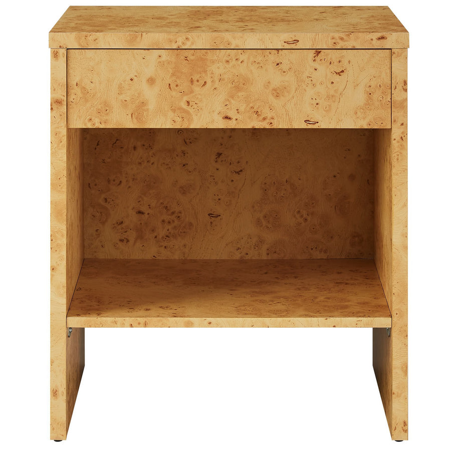 Haven 1-Drawer Burl Wood Nightstand With Shelf in Natural