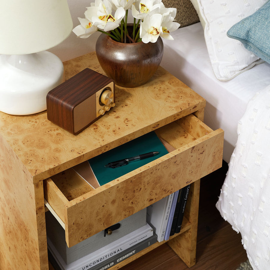 Haven 1-Drawer Burl Wood Nightstand With Shelf in Natural