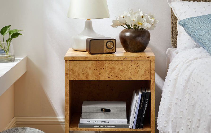Haven 1-Drawer Burl Wood Nightstand With Shelf in Natural