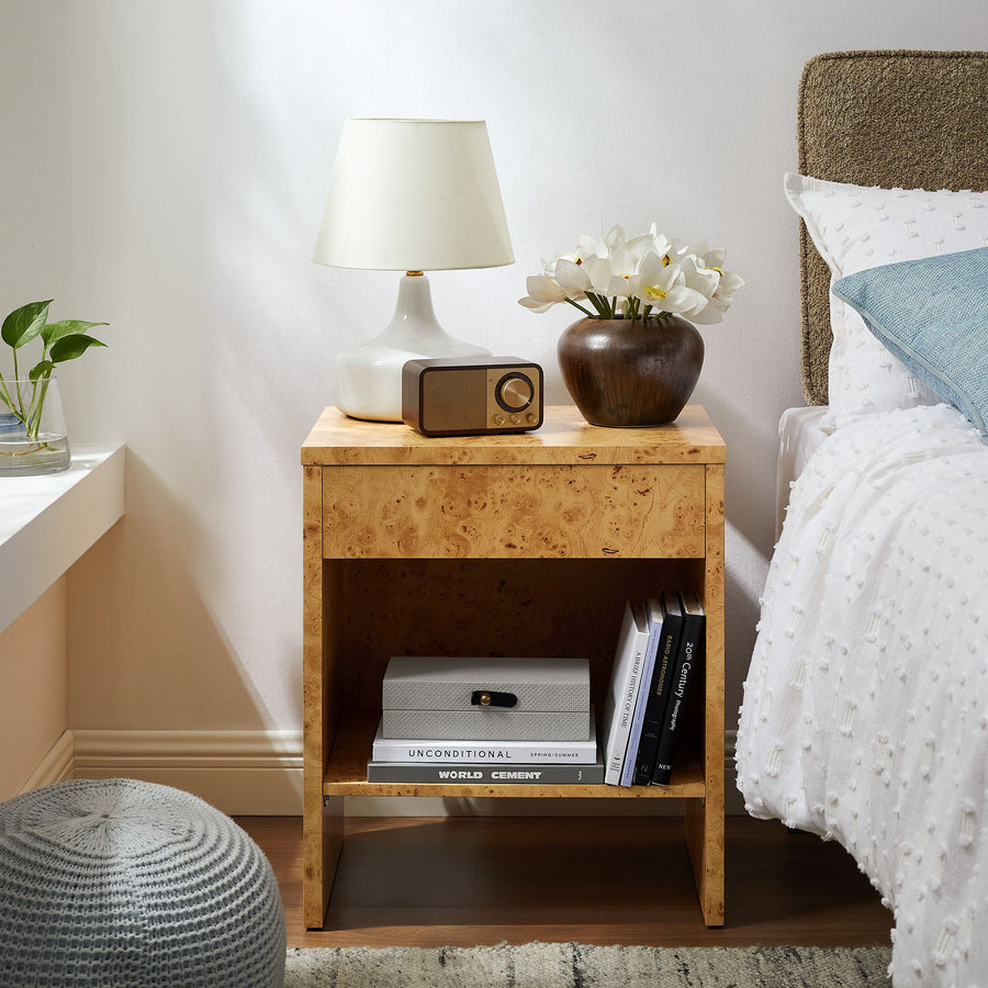 Haven 1-Drawer Burl Wood Nightstand With Shelf in Natural